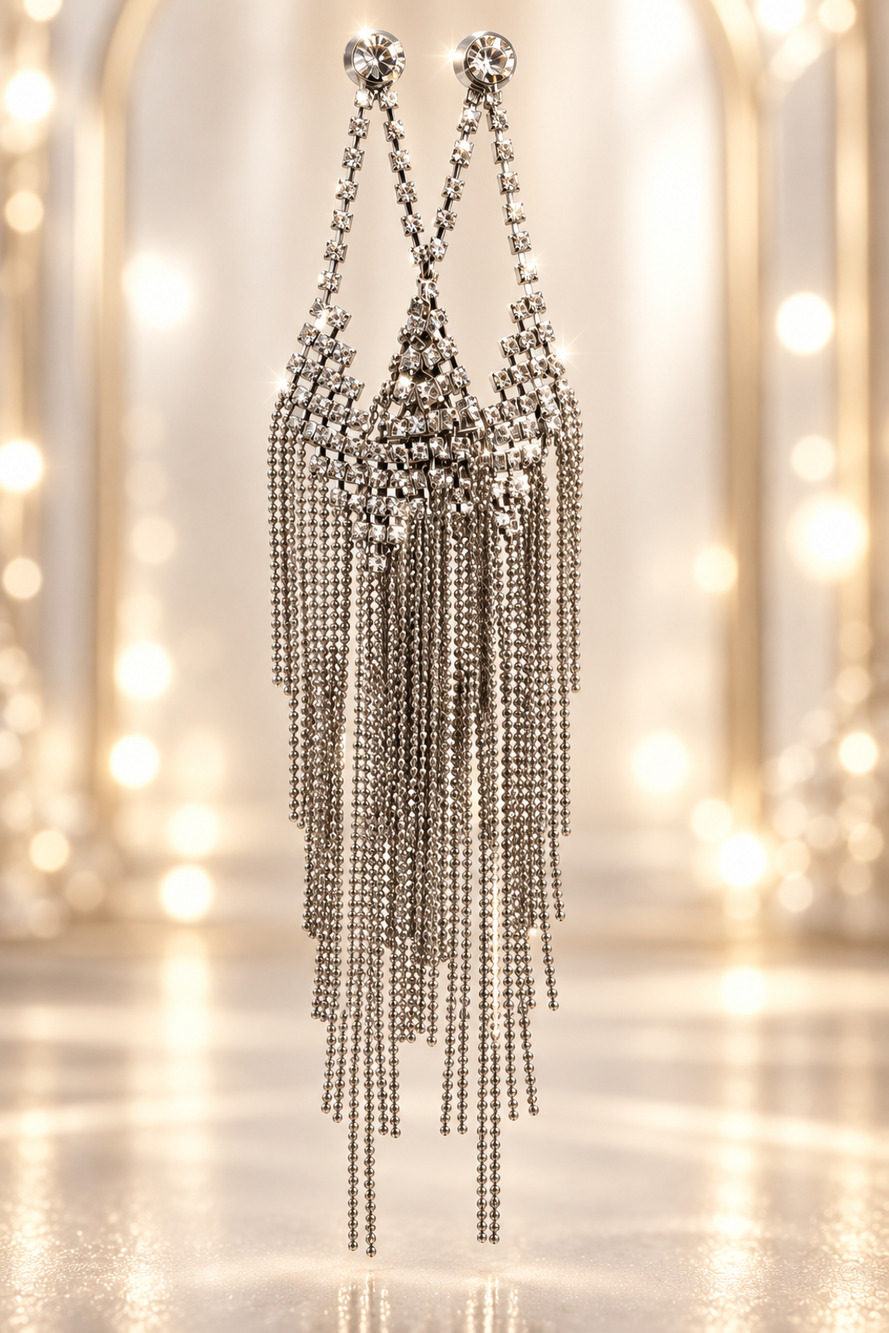 Vintage Rhinestone Shoulder Duster Earrings 8" Waterfall Fringe Runway Statement